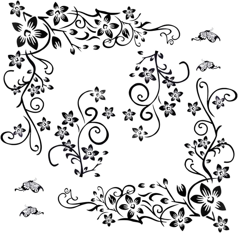 QTH 2 Sets of Butterfly Black Vine Flower Wall Stickers PVC Sticker for Children Bedroom Living Room Office Resto Boutique Decoration
