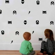 QTH 30 Mix Superhero Wall Vinyl Stickers Kids Boy Bedroom Decor Batman Superman Captain America Spider Man Flash Lightening Wall Stickers Kids Room Decoration (Black)