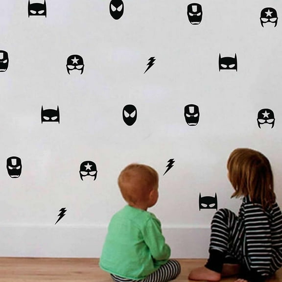 QTH 30 Mix Superhero Wall Vinyl Stickers Kids Boy Bedroom Decor Batman Superman Captain America Spider Man Flash Lightening Wall Stickers Kids Room Decoration (Black)
