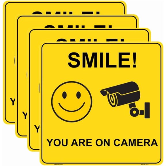 QTH 4 Pcs Smile You Are On Camera Sign Sticker - 15 cm x 15 cm - Self Adhesive Vinyl