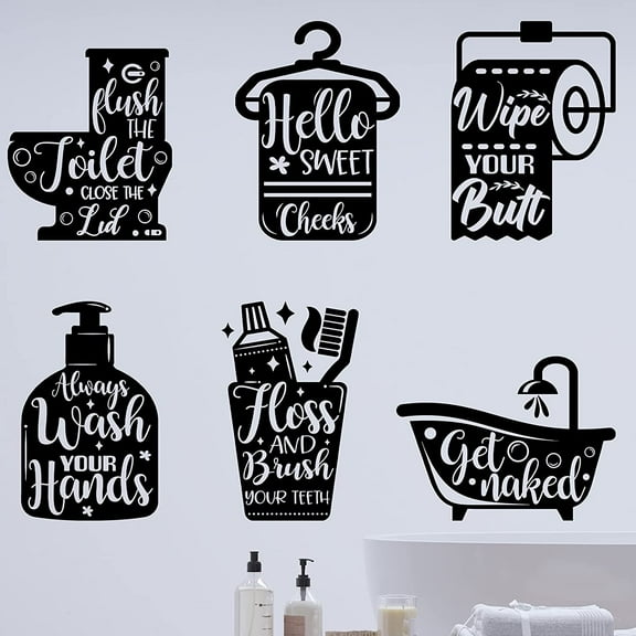 QTH 6 Pieces Bathroom Wall Decals Sticker Bathroom Funny Sayings Quotes Wall Decor Vinyl Rules Sign Wall Art Decals for Toilet Bathroom Laundry Room Shower Room Decoration