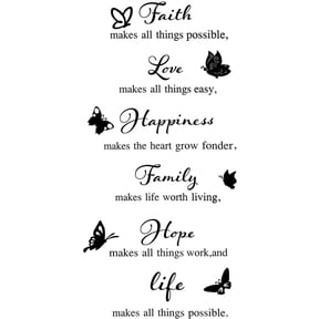 QTH 6 Pieces Vinyl Wall Decals, Faith Makes All Things Possible, Family Wall Decals Wall Stickers Quotes Inspirational Decals, Motivational Wall Quote Sayings Stickers Butterfly