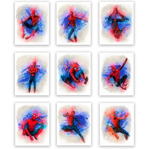 QTH Canvas Poster Spiderman Superhero Watercolor Art Prints (Unframed) | Great Gift Set of 9 (8x10) | Perfect for Boys Room Decor
