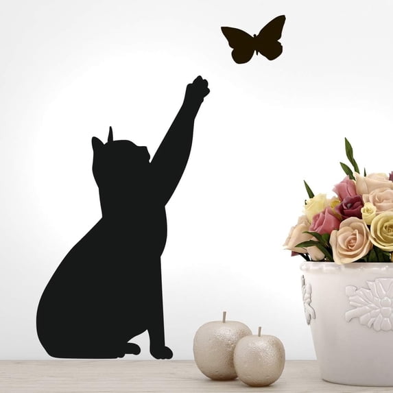 QTH Cat Wall Sticker Butterfly Decal: Black adhesive DIY vinyl for bedrooms, kitchens, and living rooms. Removable animal art mural with butterfly design. Perfect for home decor and easy to transfer!