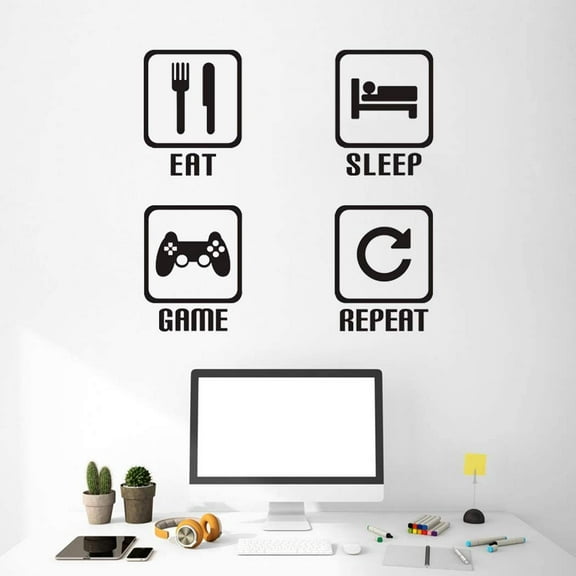 QTH Eat Sleep Game Repeat Wall Sticker Gaming Gamer Wall Sticker Minecraft Game Room Decor Children Gift Nursery Boys Room Wall Vinyl Decal Lettering Stickers Home Decor