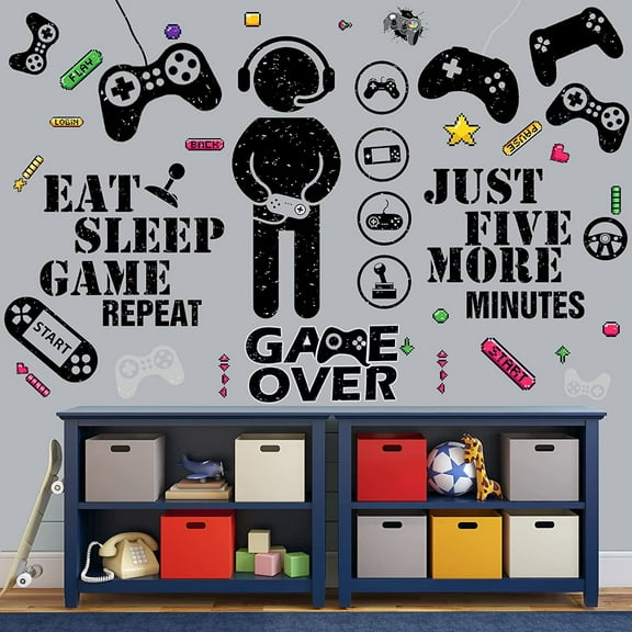 QTH Gaming Wall Decals Sticker Gamer Decals Boys Room Decals Video Game Decor Eat Sleep Game Wall Decal for Gamer Bedroom Playroom Decorations (Retro Style)