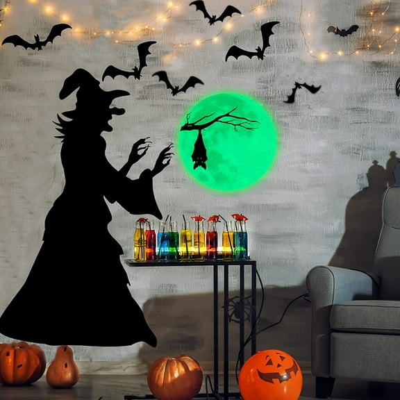 QTH Halloween Witch and Bats Wall Decals Halloween Window Sticker Halloween Black Bats Decals Vinyl Witch Window Decor for Window Clings Halloween Party Decoration, 35.4 Inch, 12 Inch
