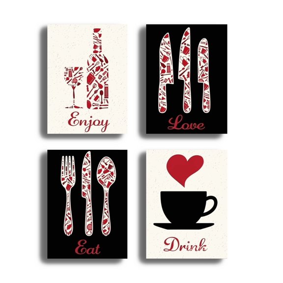 QTH Kitchen Utensil Typographyrt, Rustic Culinary Decor, Foodie Gift - Set of 4 Pcs (10x12) Unframed