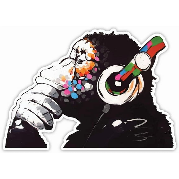 QTH (Large - 20x14cm) - Banksy Thinker Monkey Headphones Design Wall Art Graffiti Vinyl Sticker Urban Art Window, Car, Laptop Decal (Large - 20x14cm)