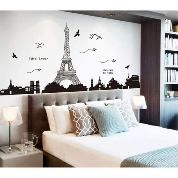 QTH Paris Eiffel Tower Wall Art Decal Vinyl Wall Sticker Decal Living Room Bedroom Kitchen Decor Black