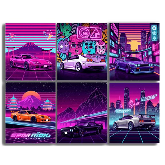 QTH Retro Synthwave Carrt, Neon Cityscape Wall Decor, Gamer Gift - Set of 6 Pcs (8x10) Unframed