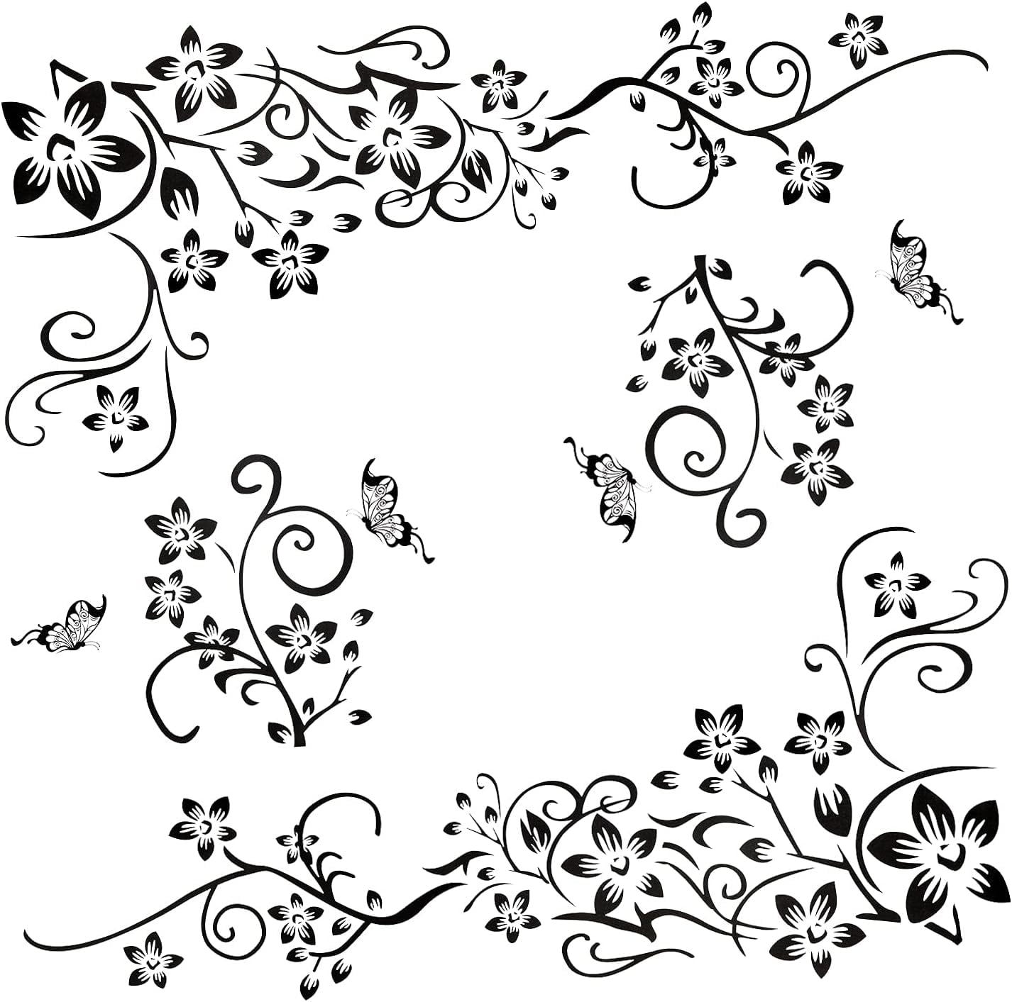 QTH Set of 2 Black Wall Tattoo Ornaments Set for Wall Decoration, Flowers Vine Butterflies Plants Vine Wall Stickers Adhesive Sticker Wall Pictures for Living Room Bedroom Panteroom Hallway Window