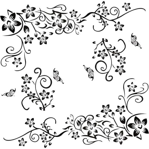 QTH Set of 2 Black Wall Tattoo Ornaments Set for Wall Decoration, Flowers Vine Butterflies Plants Vine Wall Stickers Adhesive Sticker Wall Pictures for Living Room Bedroom Panteroom Hallway Window
