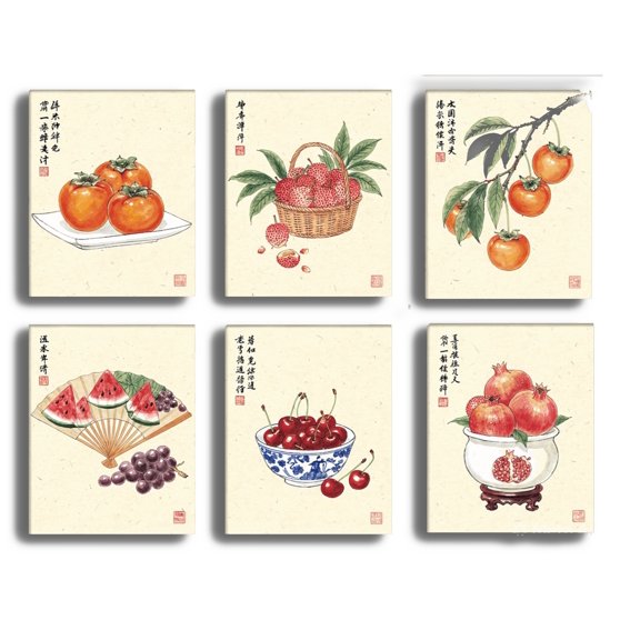 QTH Traditional Chinese Fruit Still Life, Kitchen Decor, Cultural Gift - Set of 6 Pcs (8x10) Unframed