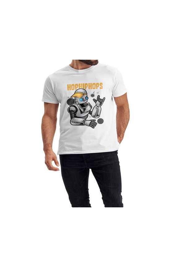Unisex Men and female White Half Sleeve Tee – Bold, Stylish & Comfortable – Robot Urban Hiphop Cartoon Trendy Print, Size "L"