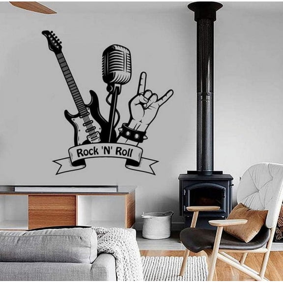QTH Wall Sticker Rock N Roll Wall Sticker Music Rock Guitar Microphone Bar Music Room Interior Decoration Vinyl Wall Art Cool 57 x 62 cm