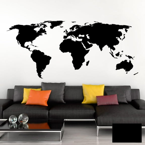QTH Wall Tattoo World Map Earth Globe Map I Black 132 x 58 cm I World Atlas Bedroom Living Room Wall Sticker W698