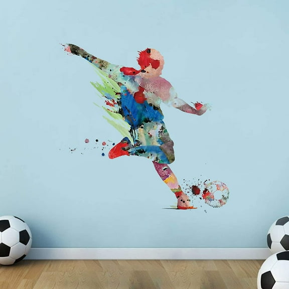 QTH Watercolor Sports Wall Decals Soccer Player Shoot Wall Decals Boys Bedroom Classroom Playroom Wall Decor