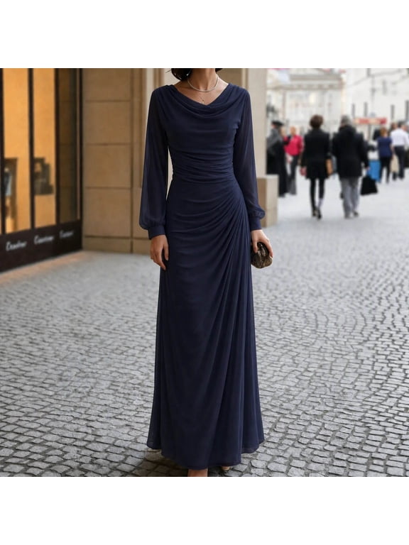 Evening Gowns for Womens Cowl Neck Long Sleeve Pleated Flowy Maxi Dress Fall Winter Elegant Formal Wedding Guest Dress