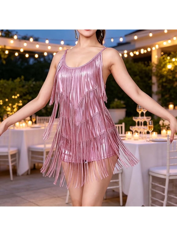 Sequin Sparkly Fringe Mini Dress for Women Sleeveless Spaghetti Strap Backless Tassel Party Romper Cocktail Dance Costume