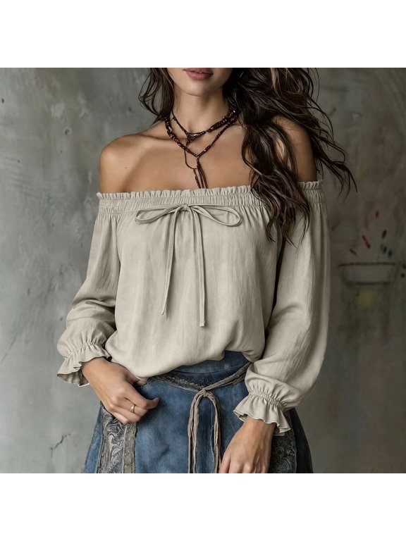 Shirts for Women Off Shoulder Puff Long Sleeve Drawstring Ruched Shirt Fall Winter Casual Solid Loose Comfy Pullover Top