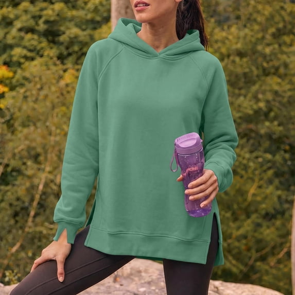 QTISFD Women's Hoodies Long Sleeved Side Split Hem Oversized Solid Soft Hooded Sweatshirt Fall Winter Loose Lightweight Althletic Pullover Hoodie