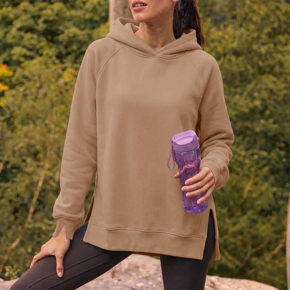 QTISFD Women's Hoodies Long Sleeved Side Split Hem Oversized Solid Soft Hooded Sweatshirt Fall Winter Loose Lightweight Althletic Pullover Hoodie