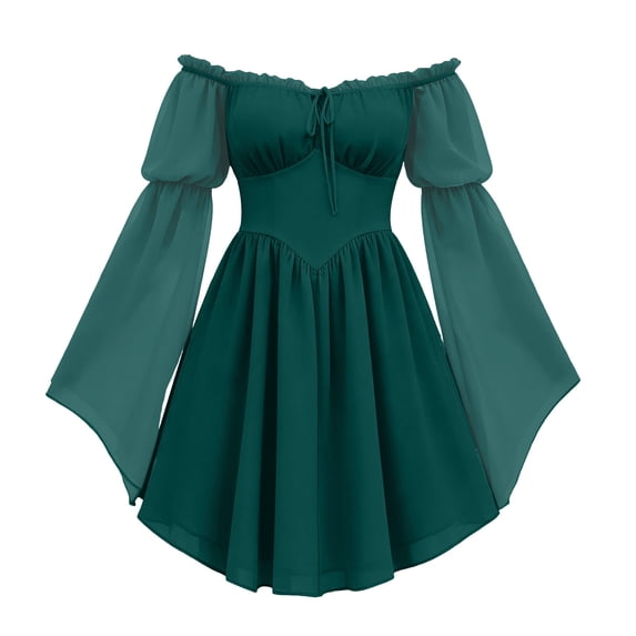 QTISFD Women's Medieval Renaissance Fairy Dress Chiffon Off Shoulder Long Bell Sleeve Lace Up Short Dresses Gothic Court Dress