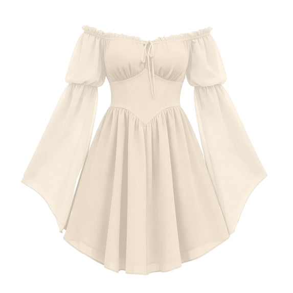 QTISFD Women's Medieval Renaissance Fairy Dress Chiffon Off Shoulder Long Bell Sleeve Lace Up Short Dresses Gothic Court Dress