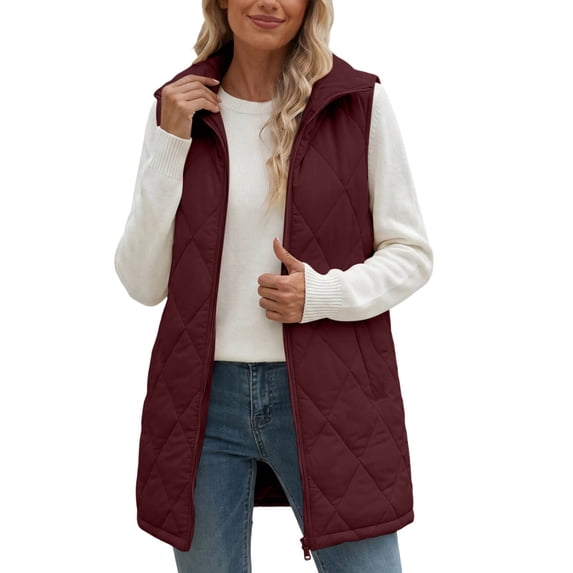 QTISFD Women's Puffer Vest Zip Up Sleeveless Plaid Solid Puffy Jackets Fall Winter Casual Loose Comfy Mid Length Coats Jacket