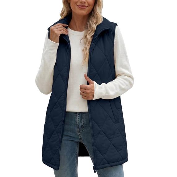 QTISFD Women's Puffer Vest Zip Up Sleeveless Plaid Solid Puffy Jackets Fall Winter Casual Loose Comfy Mid Length Coats Jacket