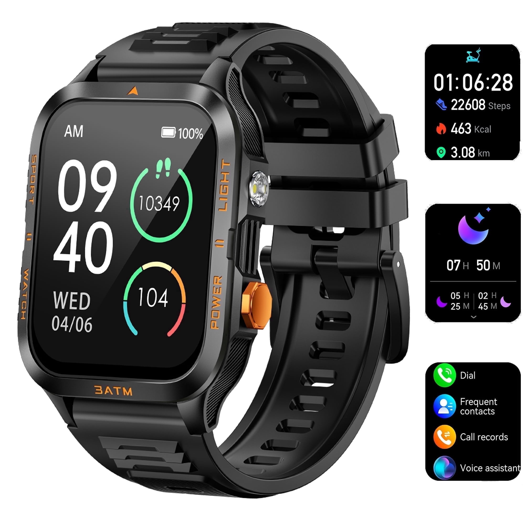 QTLLBT KT89 Series Alarm Smart Watch No Plan-Unlocked Device 1.96in Black Aluminum Case with Black Sports Band