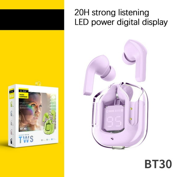 QTOCIO Bluetooth Headphones, BT30 Transparent Digital Display Wireless Bluetooth Headset Bilateral Stereo Bass Copper Ring Speaker With Charging Bin