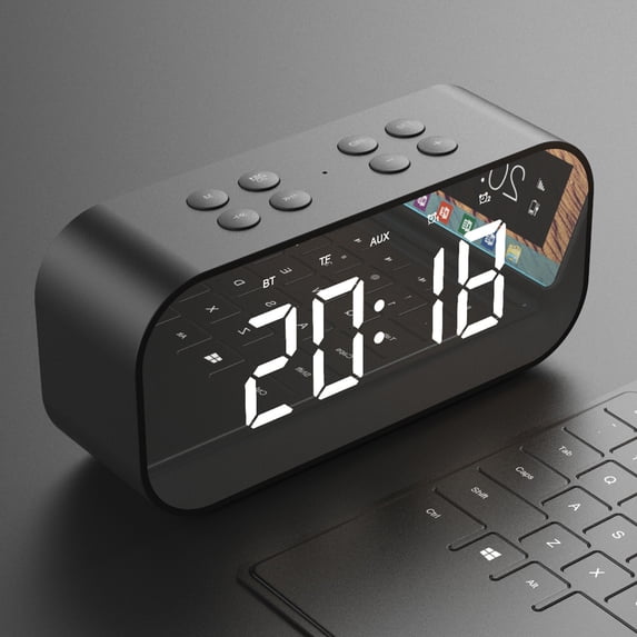 QTOCIO Bluetooth Speaker, LED Mirror Clock With Screen 5.0 Wireless Bluetooth Audio Dual Alarm Clock Three-level Brightness Call Card, Built-In Lithium Battery