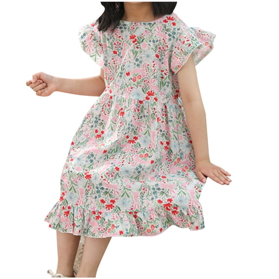 QTOCIO Toddler Girls Dresses, Baby Girl Clothes, Fashion Girls' Summer New Short Sleeve Ruffled Pockets Round-Neck Printed Dress, Green B, 4 Years
