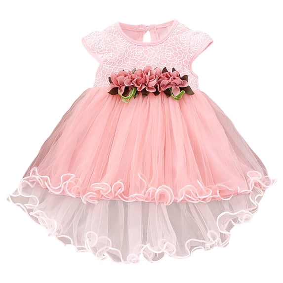 QTOCIO Toddler Girls Dresses, Baby Girl Summer Clothes, 1-3Y Children's Short Sleeved Flower Patchwork Pleated Mesh Princess Dress Formal Dress, Pink, 3 Years