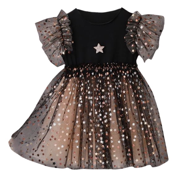 QTOCIO Toddler Girls Dresses, Baby Girl Summer Clothes, 1-8years Girls' Fashion Star Glitter Mesh Flying Sleeve Short Sleeve Round Neck Dress, Black, 5 Years