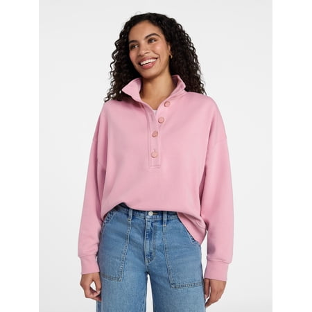 Time and Tru Women's Quarter Button Fleece Top with Long Sleeves, Size XS-4X