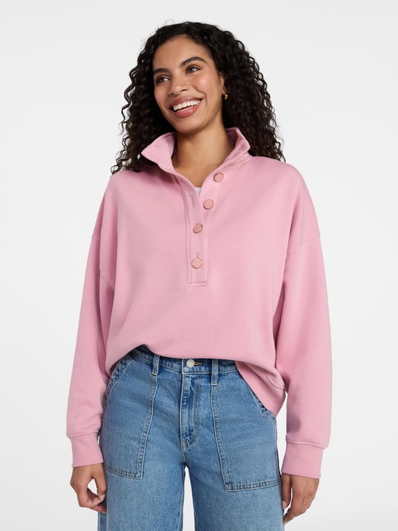 Women's Quarter Button Fleece Top with Long Sleeves, Size XS-4X