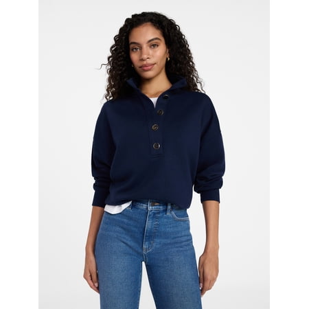 Time and Tru Women's Quarter Button Fleece Top with Long Sleeves, Size XS-4X