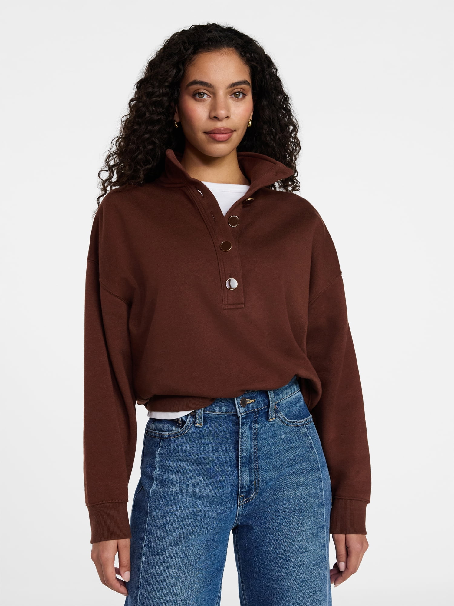 Time and Tru Women's Quarter Button Fleece Top with Long Sleeves, Size XS-4X