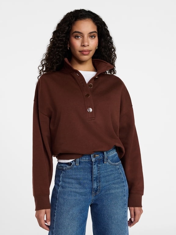 Women's Quarter Button Fleece Top with Long Sleeves, Size XS-4X