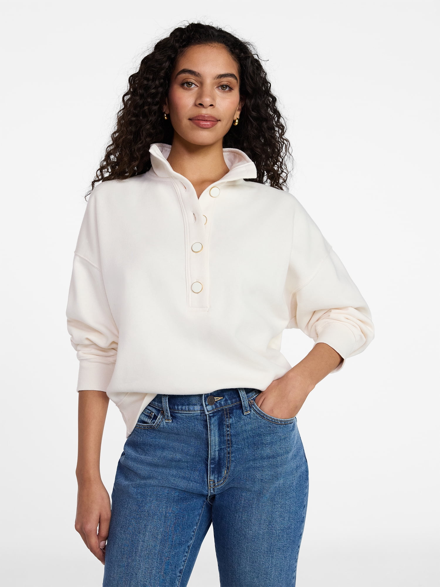 Time and Tru Women's Quarter Button Fleece Top with Long Sleeves, Size XS-4X