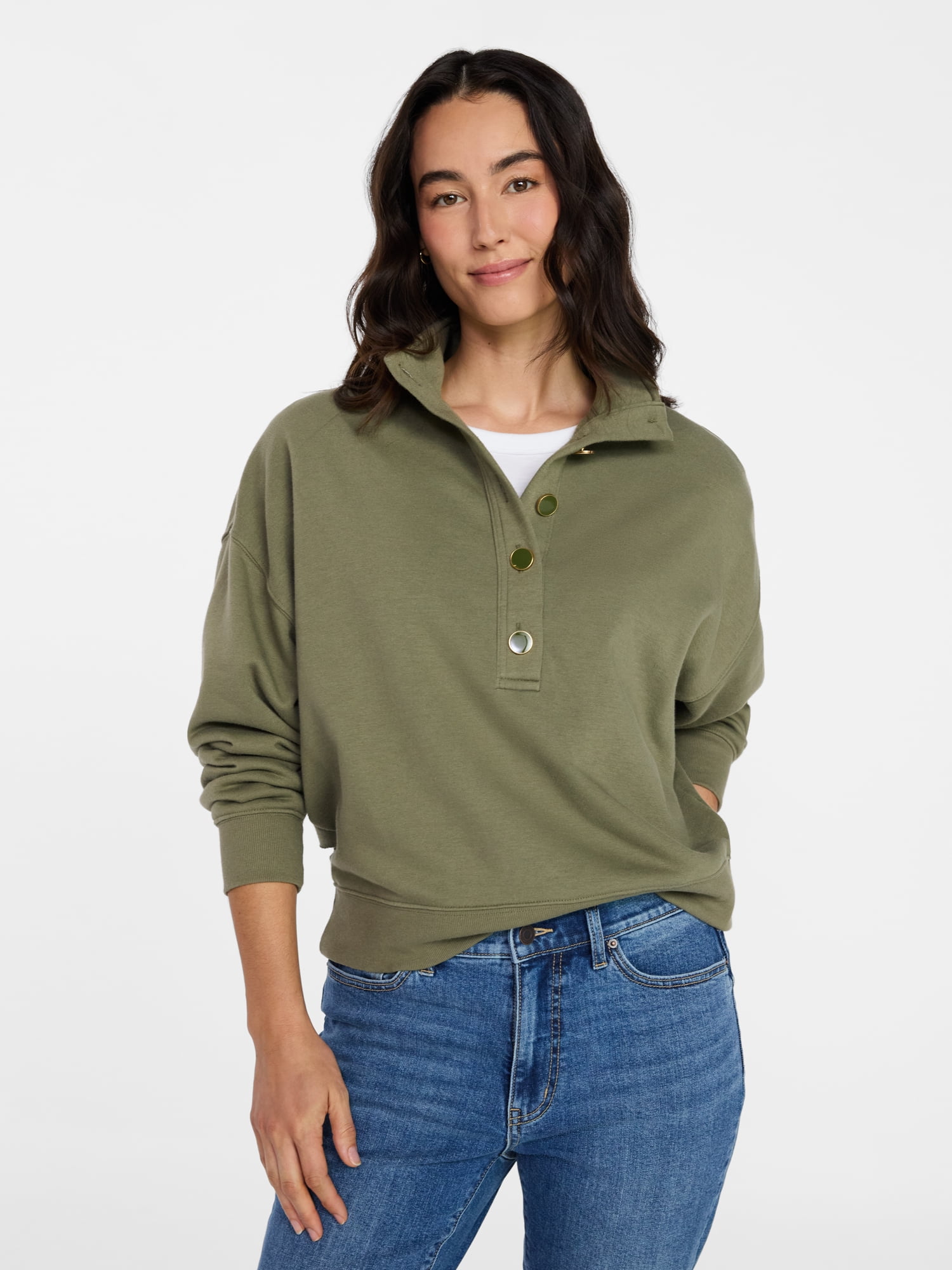 Time and Tru Women's Quarter Button Fleece Top with Long Sleeves, Size XS-4X