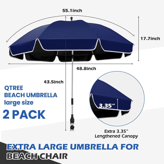 2PACK 48.8 inch Large Beach Umbrella with Clamp Sun Shade for Beach Chair,360 ° Adjustable  Protection Golf Umbrella with Clip for Outdoor Stroller Wheelchair Camping Chair