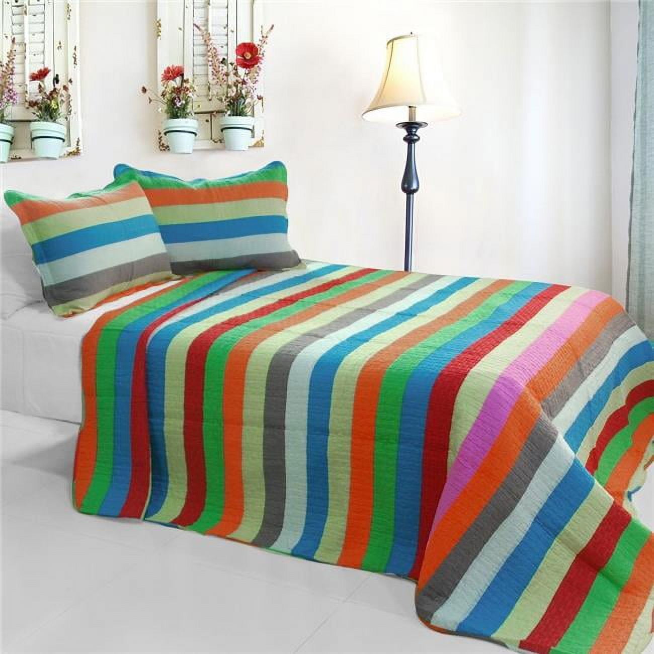 QTS-WBMZR-133-23 Rainbow River - 3 Pieces Cotton Vermicelli-Quilted Printed Quilt Set Full \u0026 Queen Size - Multicolor