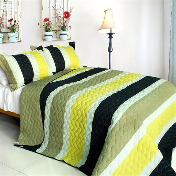 QTS01087-23 Polestar - 3 Pieces Vermicelli-Quilted Patchwork Quilt Set Full & Queen Size - Yellow