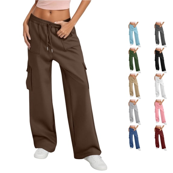 QTSHPN Athleta Pants Women Casual Pants High Waisted Wide Leg Sweatpants Pockets Comfortable Soft Athletic Joggers Everyday Wear Long Womens Pants Coffee M