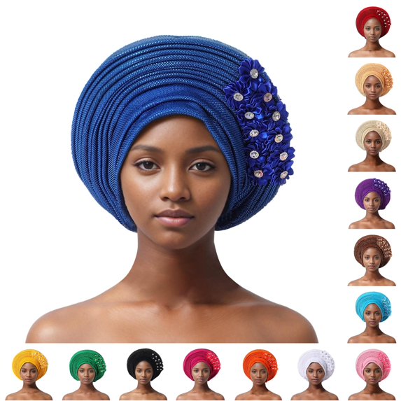 QTSHPN Beret Hats for Women Auto African Head Tie Aso Oke Headwrap Hat Turban Wedding Party Handmade Elegant Hair Wear Cap Women Hats Blue One Size