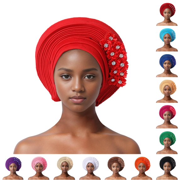 QTSHPN Beret Hats for Women Auto African Head Tie Aso Oke Headwrap Hat Turban Wedding Party Handmade Elegant Hair Wear Cap Women Hats Red One Size